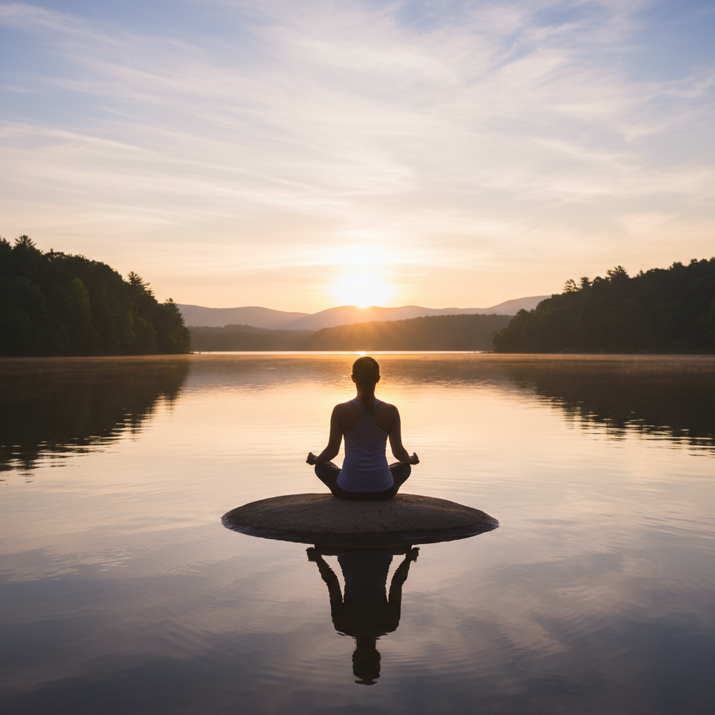 Silueta de una persona meditando frente a un lago tranquilo al amanecer