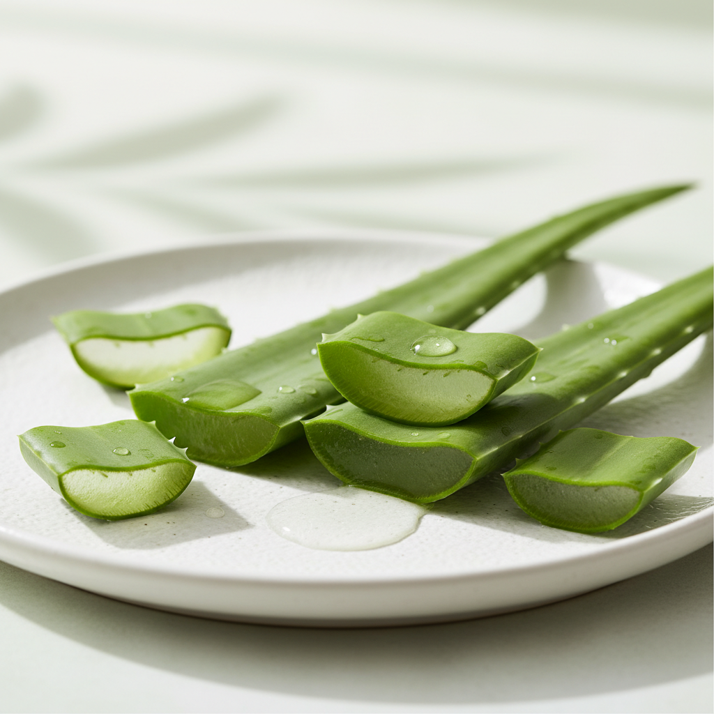 Hojas de aloe vera frescas cortadas para mostrar su gel natural