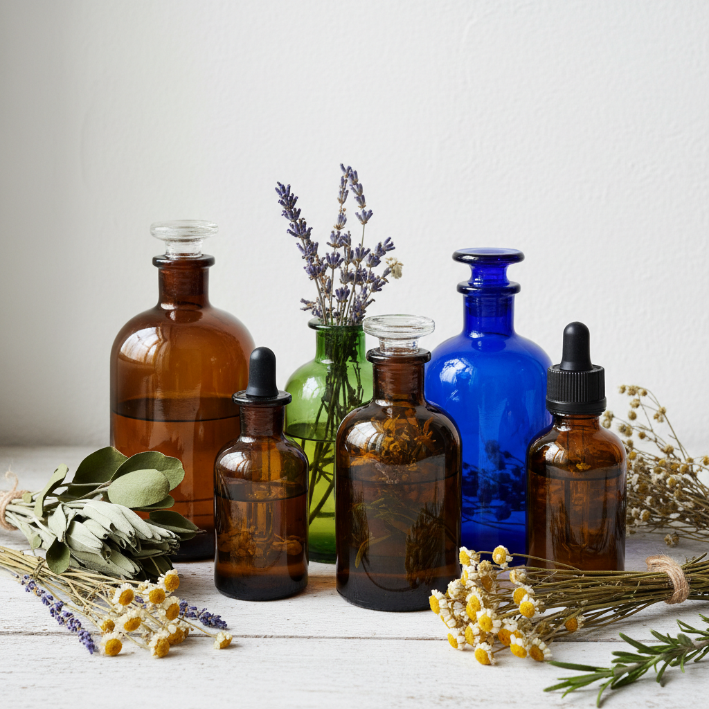 Aceites esenciales en frascos de vidrio oscuro con hierbas secas