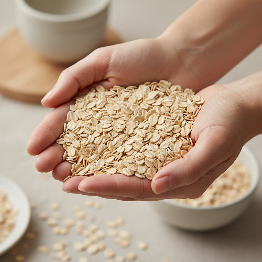 Manos sosteniendo granos de avena pura para cuidado cutáneo
