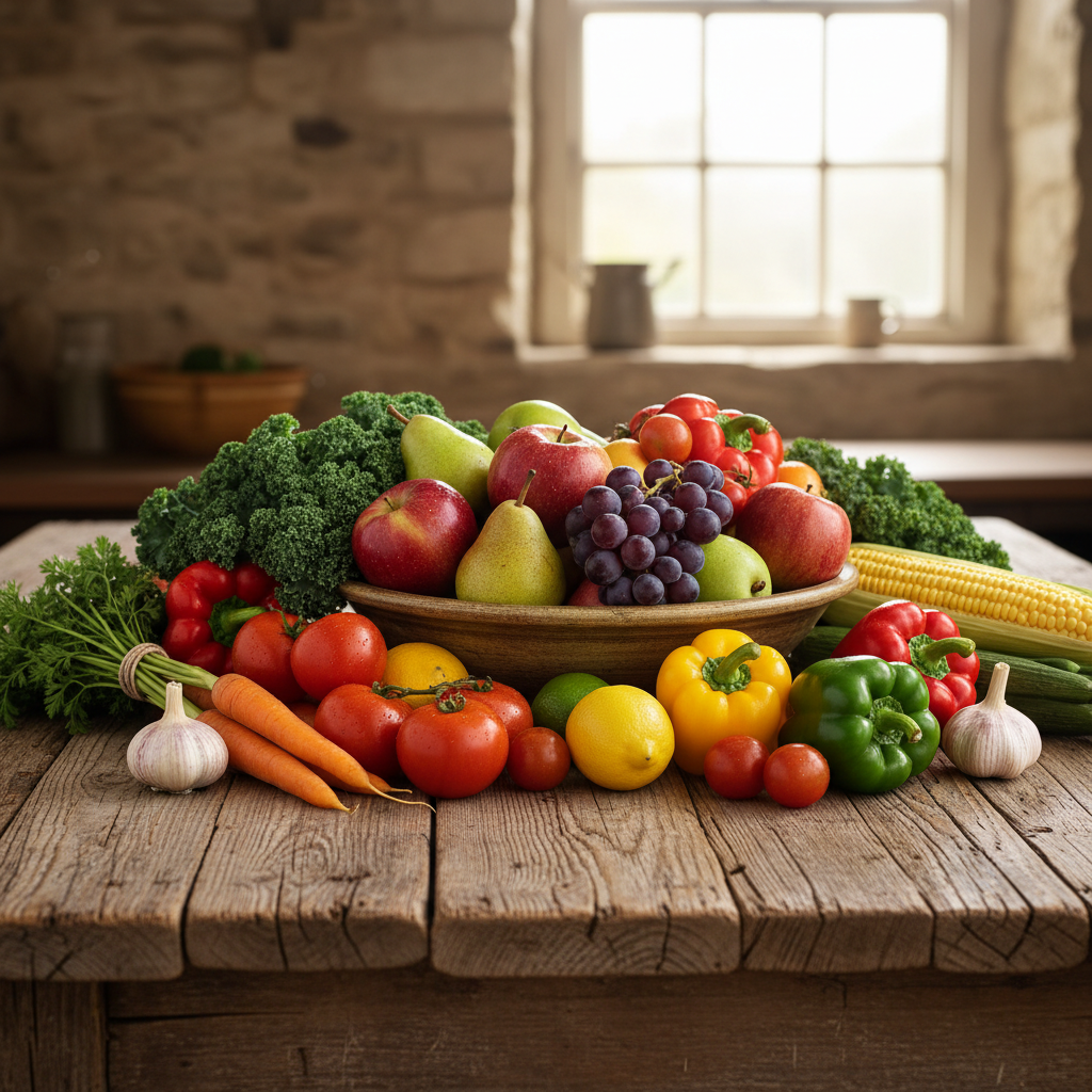 Bodegón de frutas y vegetales frescos sobre una mesa de madera rústica