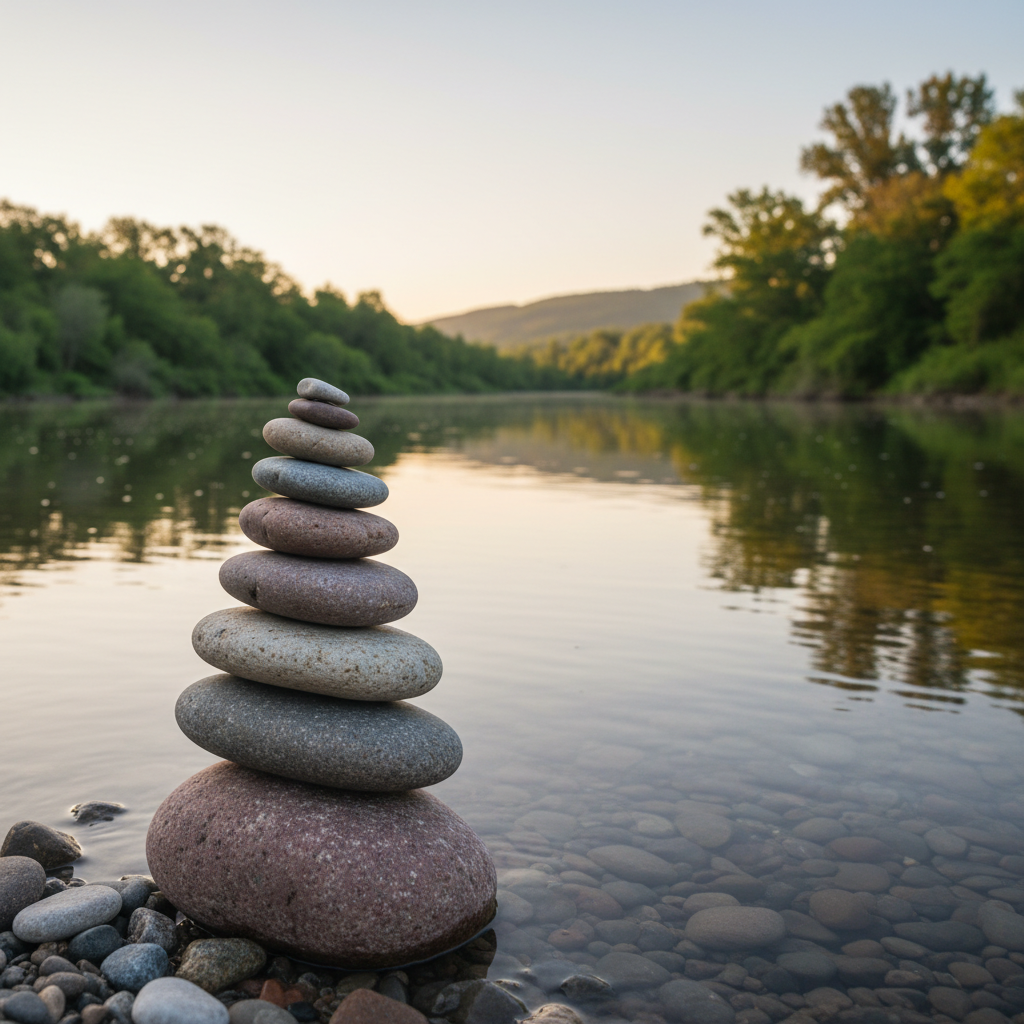 Piedras equilibradas en la orilla de un río tranquilo